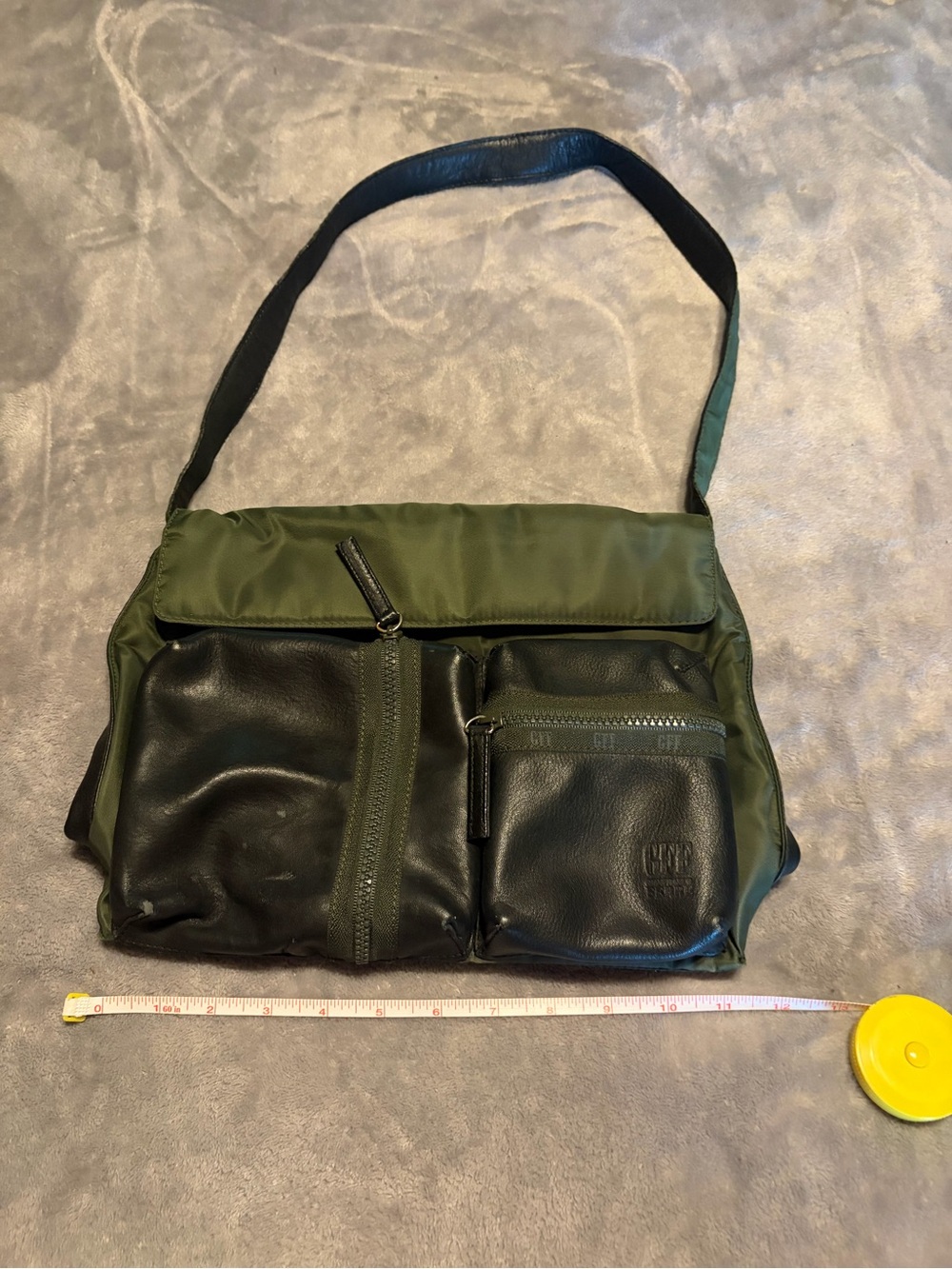 Vintage Gianfranco Ferré Sport Olive Green Nylon & Black Leather Cargo Shoulder